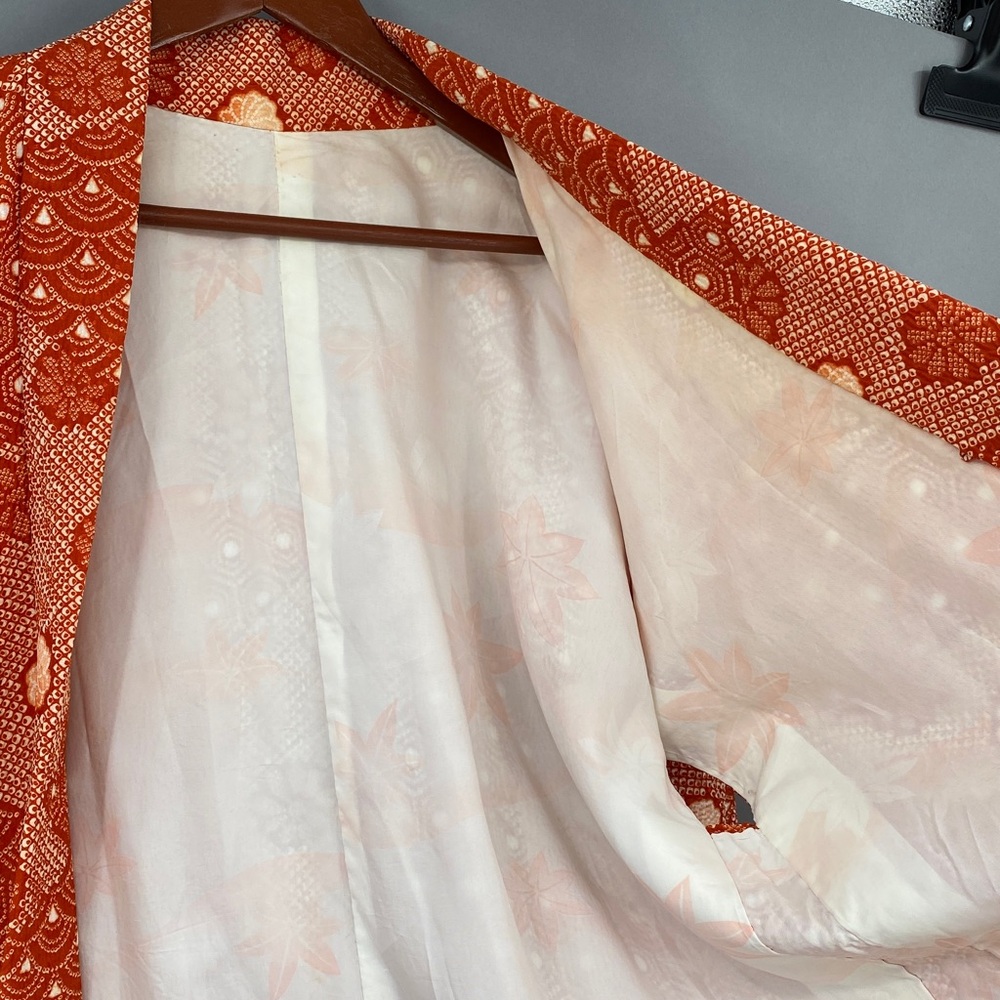 Vintage 60s 70s Orange Floral True Kimono Jacket‎ Textured Hippie Psychedelic - Picture 7 of 14